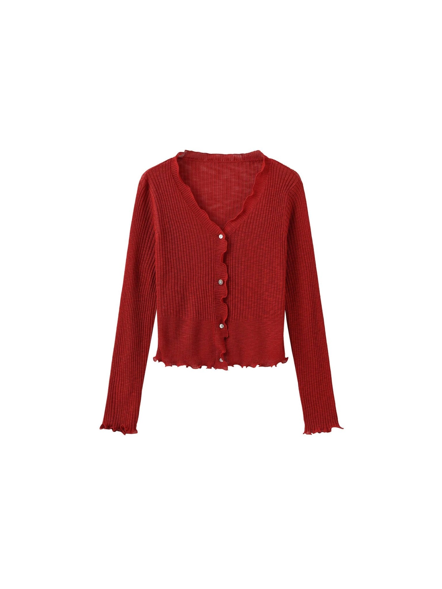 V - Neck Knit Cardigan with Ruffled Long Sleeves - MarramTrading.com