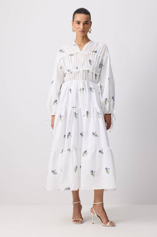 WHITE FLORAL EMBROIDERED TIERED MAXI DRESS - MarramTrading.com