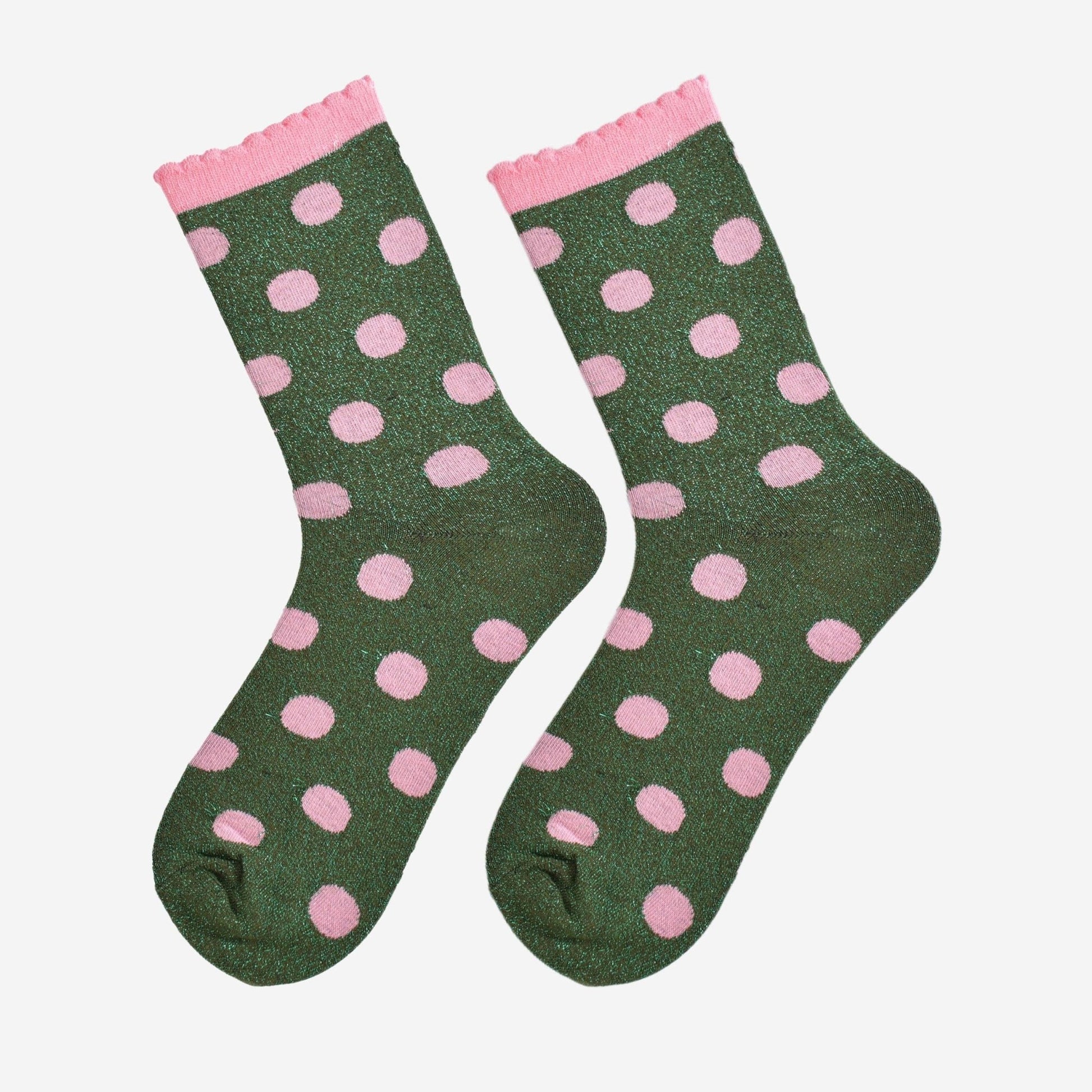 Women's Glitter Socks - Khaki/Light Pink, Medium Polka Dots - MarramTrading.com