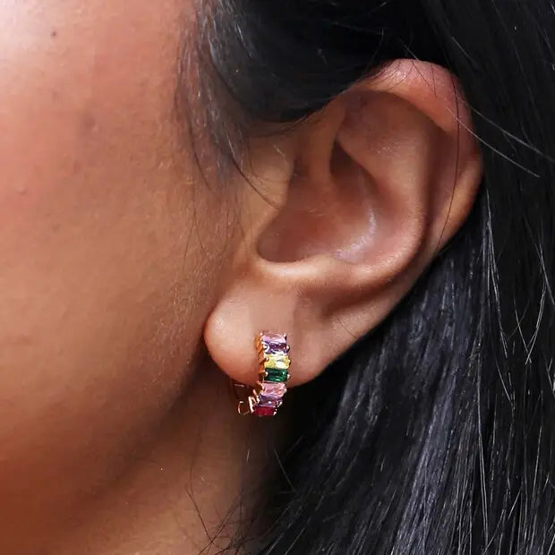 Pink and Green Baguette Crystal Huggie Hoop Earrings
